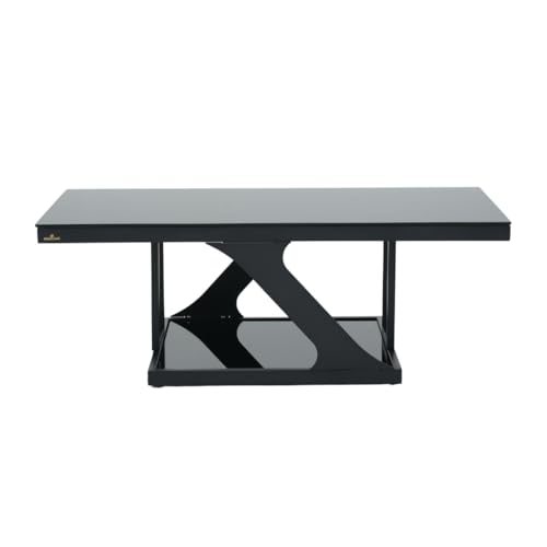 Image of Royaloak I Poh Malaysian Rectangular Glass Coffee Table | Coffee Table for Living Room with Tempered Glass Top, Powder-Coated Metal Base, Geometric Panels, Bottom Shelf & Modern Design
