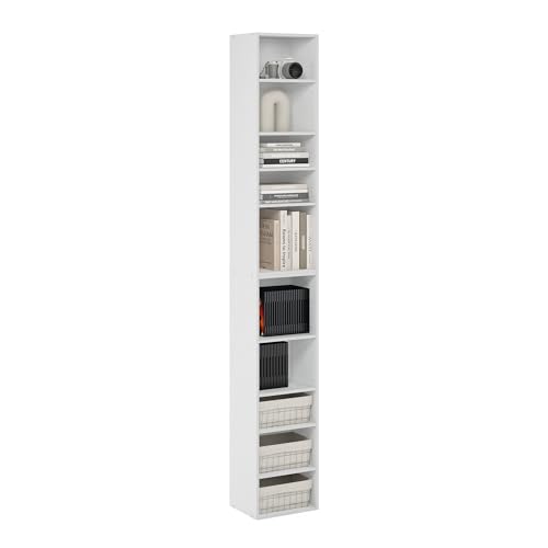 Image of Furinno PASIR Book Shelf, 10-Tier Bookshelf, Bookcase with Open Shelf, 9.2 x 11.8 x 78.7, for Living Room, Bedroom, Home Office, White