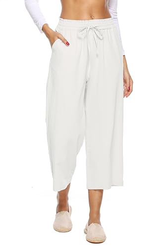 Image of LNX Womens Linen Capri Pants Wide Leg High Waisted Drawstring Casual Cropped Pants with Pockets