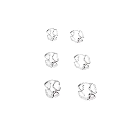 Trio de Brincos Argola Argolinhas de Coração Vazado Banhado a Ouro 18k Delicado Romântico e Moderno Tamanhos Variados (Prateado)