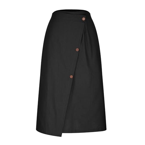 Womens Summer Linen Elastic Long Skirt Back Buttoned Swing Midi A Line Skirt Casual Comfy Button Solid A-Line Skirts3