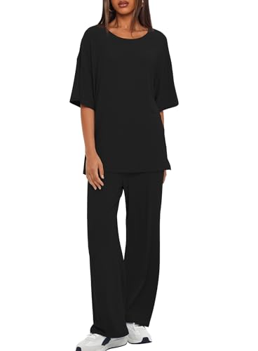 Image of Darong Women's Two Piece Sets Casual Short Sleeve Top Wide Leg Pants Lounge Matching Set Travel Vacation Airport Outfits