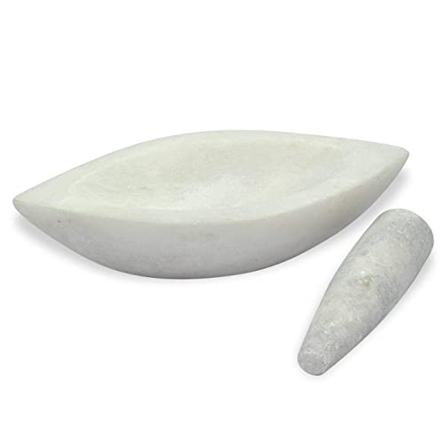 Image of HeeMo Marble Mortar and Pestle Set | Kharal | Khalbatta | 7 Inches (Boat Shape White)