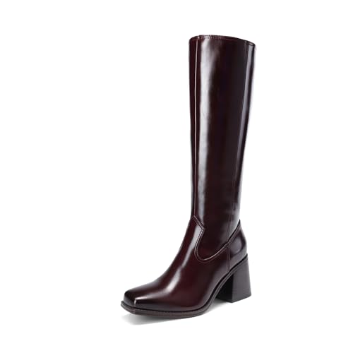 DREAM PAIRS Women's Knee High Boots Chunky Heel Square Toe Tall Boot for Women with Side Zipper 8.5 Burgundy