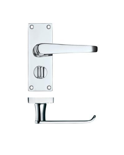 KOOPLES HARDWARE Project Victorian Flat Lever on Privacy Backplate – 114mm x 40mm – Satin Stainless Steel Door Handle with Thumbturn – Fixings Included (Polished Chrome)