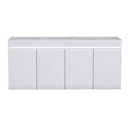 AltoBuy Chris White - Buffet 4 Portes Laqué Blanc Brillant Plateau Imitation Marbre avec LED