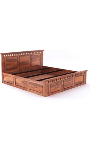 Image of Wooden King Size Bed with Storage | Double Bed Cot Bed with Box Storage for Bedroom & Hotel | Sheesham Wood | Natural Teak Finish | Recommended Mattress Size: 78X72