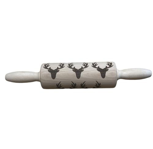 efo Embossed Rolling Pin with Engraved Design - Decorative Dough Roller - Cake Baking Accessories to Make Unique Bakes and Pottery - Beautifully Handmade Patterned Rolling Pin 24cm (Deer Heads)