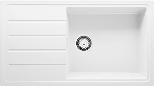 Evier Cuisine en Granit Blanc, 90 x 50 cm, Lavabo 1 bac + Kit de Vidage, Évier à Encastrer de Primagran