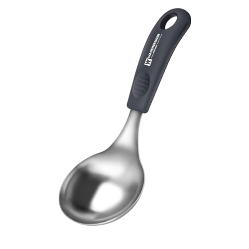 Short Stainless Steel Ladle 220mm (8.6”) – SUS304 Thick Deep Bowl Head with Soft-Grip Silicone Handle – Lightweight Mini Soup & Serving Spoon for Cooking – 5 Color Options (Gray)