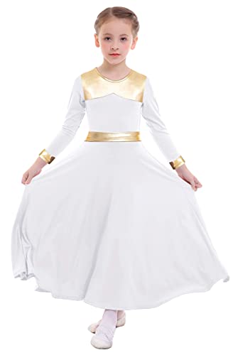 Z&X Girls Praise Dance Outfits Metallic Gold Liturgical Worship Church Robe Full Length Swing Skirt Costume Tag 130, White - Thumbnail 3