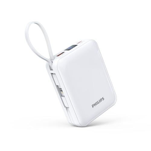Philips (フィリップス) モバイルバッテリー 20000mAh 大容量 PD 22.5W 急速充電 Lightning type-c ケーブル内蔵 タイプc ライトニング 4台同時充電 携帯便利 充電器 iPhone 16 / 15 Android iOS スマホ対応 PSE認証済 ホワイト DLP2722CW