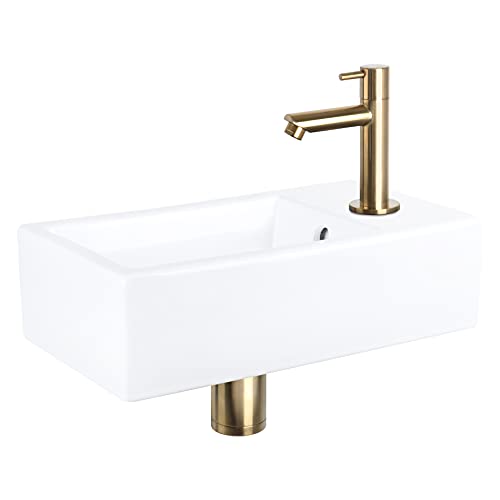 Differnz Force Lavabo - Lave main Céramique Blanche Brillante - Robinet Droit Or Mat - Ensemble Complet - 40 x 22 x 11,5 cm