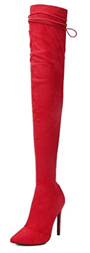 Women's Suede Heeled Thigh High Boots Knee Thigh Boots Pointed Toe Sexy Fashion Side Zipper Lace Up Stiletto Over The Knee Boots Red Faux Suede Size US10.5