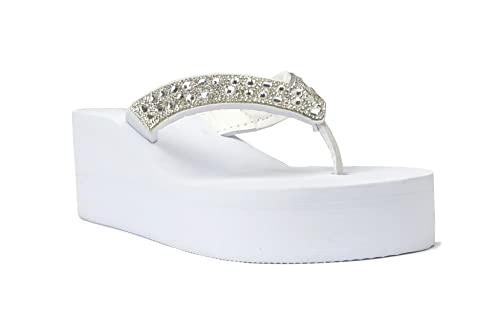 Image of REDVOLUTION New Women's Rhinestone Sandals High | Low Platform T-Strap Jewel Sandals High Wedge Flip Flops