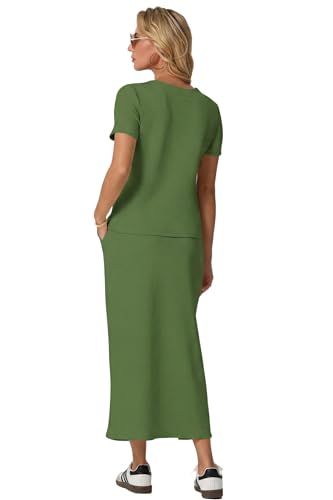Image of GRECERELLE Women Summer Casual 2 Piece Sets V-Neck Wrinkle-Free Top & Elastic Waist Midi Side Slit Skirt with Pockets