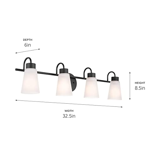Image of Kichler Erma 4-Light Bathroom Vanity Light Fixture with Satin Etched Glass Shades, Updated Traditional Wall Mount Lighting in Black for Mirror Above Vanity (32.5 inch x 8.5 inch), 55127BK