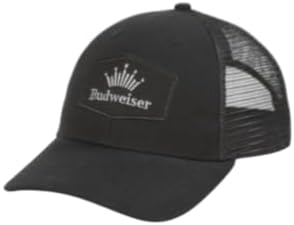 Budweiser Mesh Trucker Hat, Black Snapback Baseball Cap with Crown Logo Patch