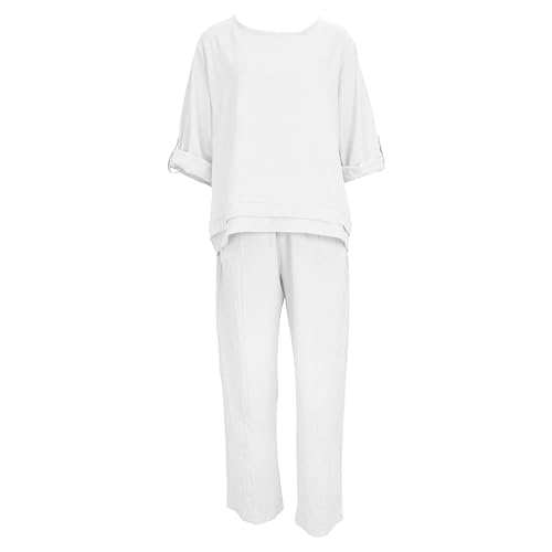 Linen Pant Suits for Women Plus Size 2 Piece Set Outfit Casual Crew Neck Long Sleeve Top Wide Leg Pants Set3