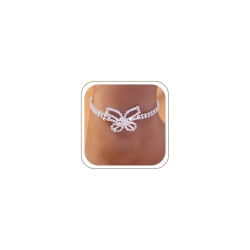 Image of Fesciory Silver Ankle Bracelets for Women, Adjustable Rhinestone Pendant Tennis Anklet, Butterfly Heart Infinite Diamond Summer Beach Foot Chain Jewelry Gifts