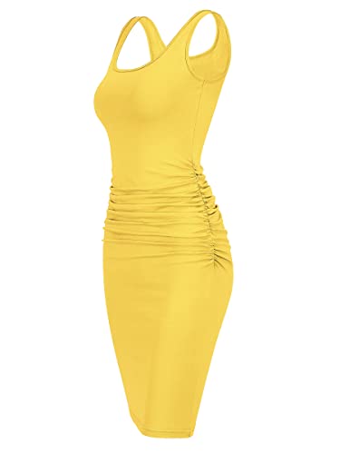 Missufe Tank Ruched Sleeveless Bodycon Dress Women's Casual Knee Length Basic Fitted Sundress (Yellow, Xx-Large) #TOP3