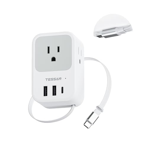 TESSAN USB C Charger Block, Multi Plug Wall Outlet Extender with 3 USB, Retractable USB-C Cable, 3 Side Multi Port Adapter for Cruise, Bathroom, Office, Dorm Essentials