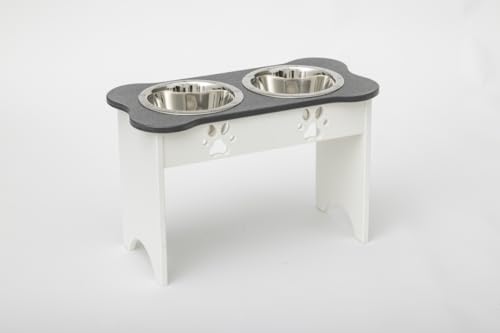 2 qt. 15 in. Tall High Double Poly Wood Dog Bowl with 2 Stainless Steel Bowls Dark Gray Top & White Base