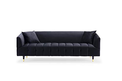 Iconic Home Julia Sofa Velvet Upholstered Channel-Quilted Button Tufted Cushion Shelter Arm Design Espresso Finish Gold Tip Wood Legs Modern Contemporary, Black #TOP2