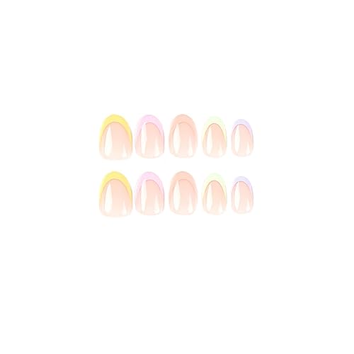 French Tip Press on Nails Rainbow Fake Nails Almond False Nails Glossy Fake Nails Full Cover Short Nails Art for Women and Girls Daily Decoration 24 Pcs - Image 2