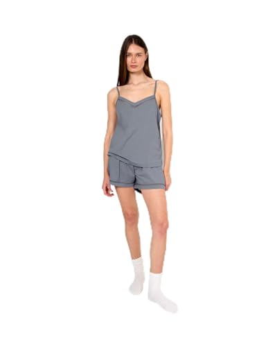 TRAMAS+ Pijama Mujer Corto Verano de Algodón, Conjunto Camiseta Tirantes y Pantalón Corto con Cintura Ajustable, Set Corto de Algodón Liso, Cómodo, Fresco y Elegante - XL, Azul