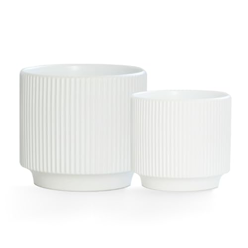 Puoyikt Ceramic 4.9+6.3 inch Planters, Modern Home and Office Flowerpot, Indoor and Outdoor Flowerpot with Drainage Hole (White)