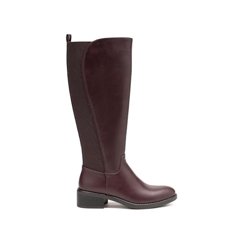 Bottes Femme Mollet Large en Similicuir | Botte Haute Extensible avec Zip | Style Cavalier Petit Talon Bas Confort Hiver (68319 Bordeaux, Système Taille...