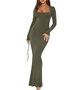 REORIA Womens Basic Sexy Square Neck Long Sleeve Soft Lounge Long Dress Fall Casual Ribbed Bodyco...