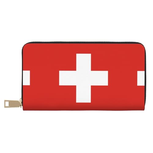 MYGANN Lange Geldbörse mit Schweizer Flagge, Mikrofaser-Leder, mit Metall-Reißverschluss, für Büro, Reisen, Dating, Geschenke, weiß, Einheitsgröße