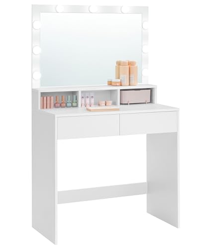 VASAGLE Schminktisch, mit LED-Beleuchtung, einstellbare Helligkeit, Frisiertisch mit Spiegel, Kosmetiktisch mit 2 Schubladen und 3 offenen Fächern, Frisierkommode, modern, weiß RDT120T10