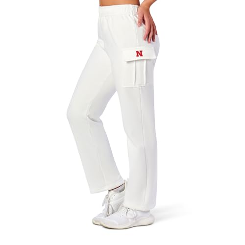 NCAA Nebraska Cornhuskers Women's Fleece Cargo Pants, Straight Leg Lounge Trousers with Utility Pockets, Soft Thermal Outdoor Bottoms for Travel, Hiking, Casual Winter Wear, XX-Large White