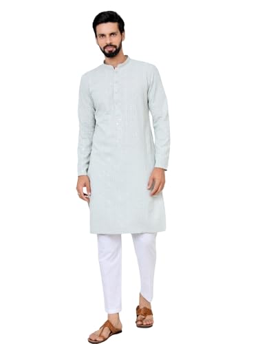 Image of See Designs Men's Full Sleeve Mandarin Collar Geometric Sequins Embroidered Thread Work Straight Long Kurta - Festive Collection