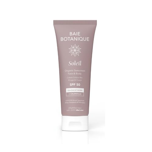 Baie Botanique Soleil - Protector solar mineral orgánico no tóxico - Tubo protector solar facial y corporal, SPF 50, espino amarillo y caléndula, natural, vegano, sin filtro químico fundido blanco