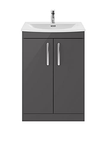 nuie ATH075G Athena Modern Bathroom Floor Standing 2 Soft Close Doors Vanity Unit with Curved Ceramic Basin with 30mm Profile, 600mm, Gloss Grey
