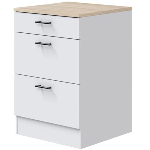 PEGANE Meuble Bas de Cuisine de 3 tiroirs avec Plan de Travail Coloris Blanc Brillant/chêne Canadien - Hauteur 90 x Longueur 60 x Profondeur 60 cm