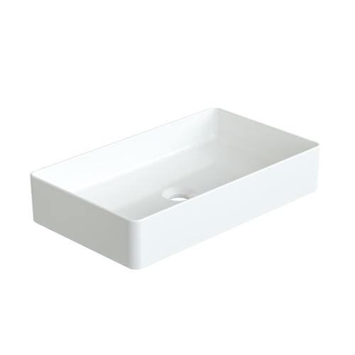 Waschbecken aus Keramik Eckig 60 x 35 cm Aufsatzwaschbecken groß für Waschtisch Unterschrank Waschplatz Badezimmer Rechteckiger Handwaschbecken Waschschale Weiß OHNE Hahnloch Überlauf