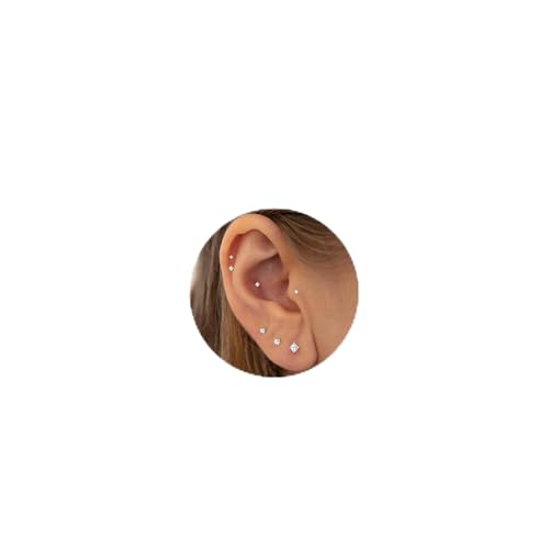 LunarCharm Lot de 12 Petits Clous d'Oreilles CZ 16G, Boucles d'Oreilles Argentées à Dos Plat, Piercing Cartilage Sans Filetage, Clous Conque, Clous Hélice...