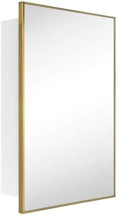 TEHOME 61 x 76.2cm(24 x 30인치) 브러시드 골드 매입형 및 표면 마운트 욕실 의약품 캐비닛 거울 브러시드 골드 스퀘어 코너 메탈 프레임 둥근 직사각형 약 캐비닛 거울 — 사진 6