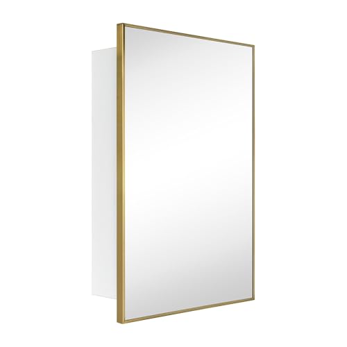 Image of TEHOME 24'' x 30'' Brushed Gold Recessed and Surface Mount Bathroom Medicine Cabinet with Mirror Brushed Gold Square Cornered Metal Framed Rounded Rectangle Medicine Cabinet Mirror