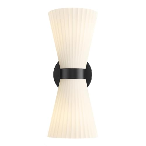 Image of Modern Black Wall Sconce, HWH Up and Down Indoor Sconces Wall Lighting with Frosted Milk White Striped Glass Shade, Hardwired Wall Mounted Vanity Lamp for Bathroom, 5HZG97B-2W BK