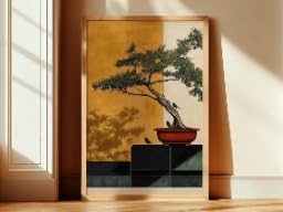 Tableau bonsaï art japonais grand format 80x110 cm style milieu du siècle pour salon moderne