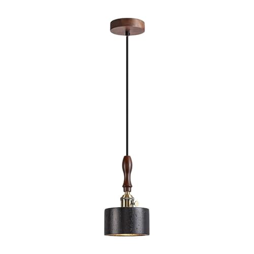 Lámpara colgante de piedra natural travertino negro y madera fina E27