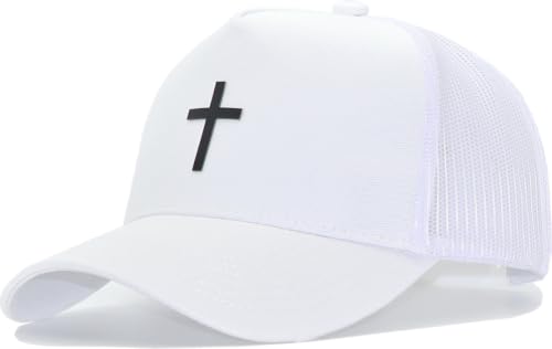 Image of Christian Jesus Cross Faith Hat, Religious Gifts forThanksgiving Christmas | 5 Panel Structured Mesh Back Trucker Baseball Cap, Adjustable Snapback Streetwear Dad Ball Hats for Men Women