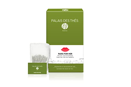 Palais Des Thés - Paris For Her - Premium Gourmet Green Tea With Rose, Raspberry, Lychee - 20 Count Biodegradable Cotton Tea Bags Box #TOP12