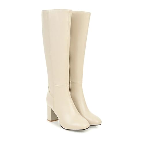 Stivali al ginocchio Stivali Per Donne, Punta quadrata A punta quadrata Blocco Tacco Stivali Tacco alto Cerniera laterale Stivali lunghi Eleganti Albero alto Ampio A cavallo Moda Stivali(Beige,35 EU)